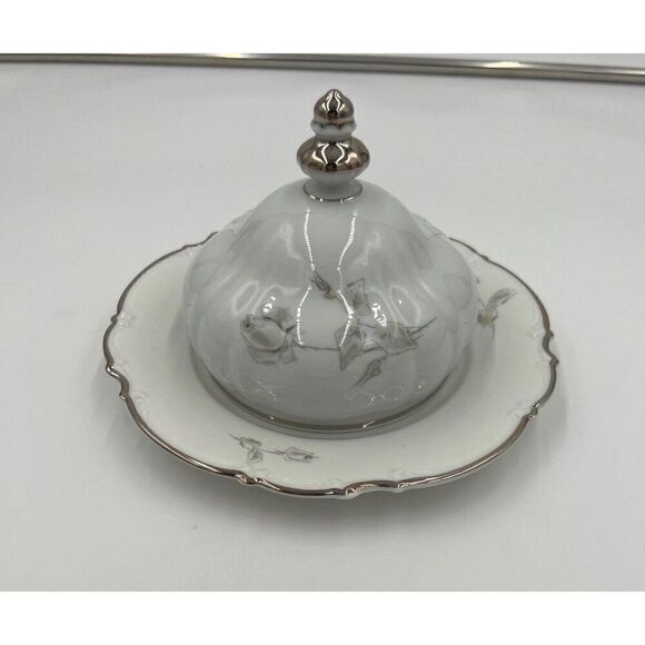 Hutschenreuther Sylvia Round Butter Covered Dish Set Grey Rose German Porcelain - Picture 1 of 8